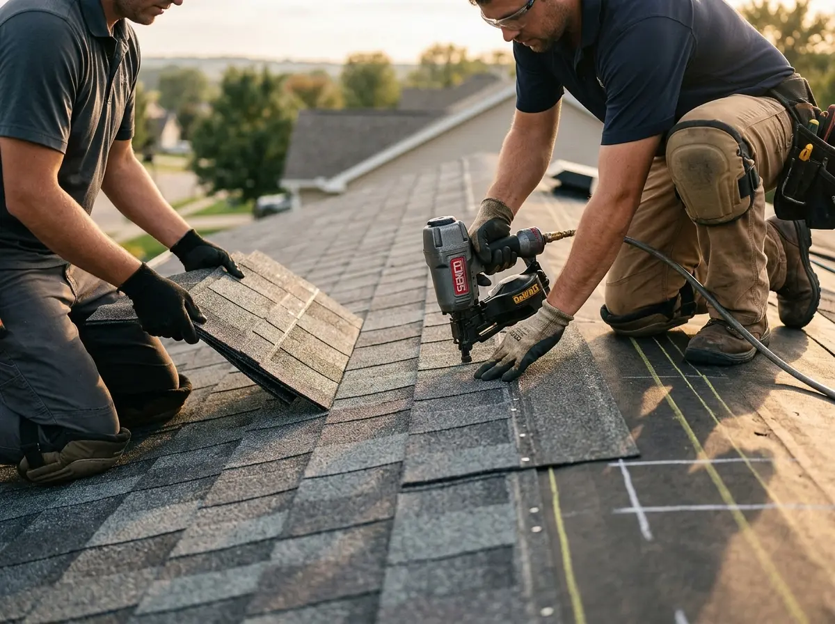 Professional roofer working on a residential roof in Barnegat